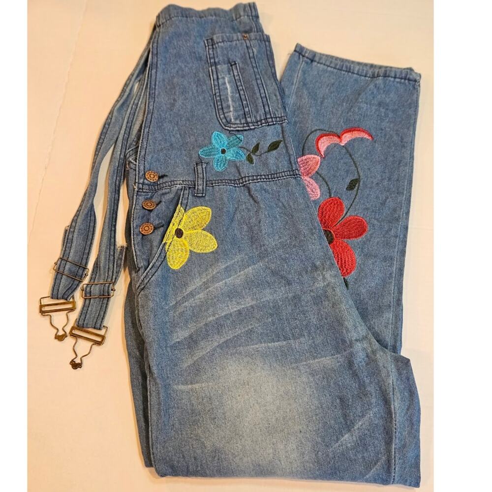 Vintage Style Misslook Floral Embroidered Denim Overalls Cargo Pants Y2K Artsy